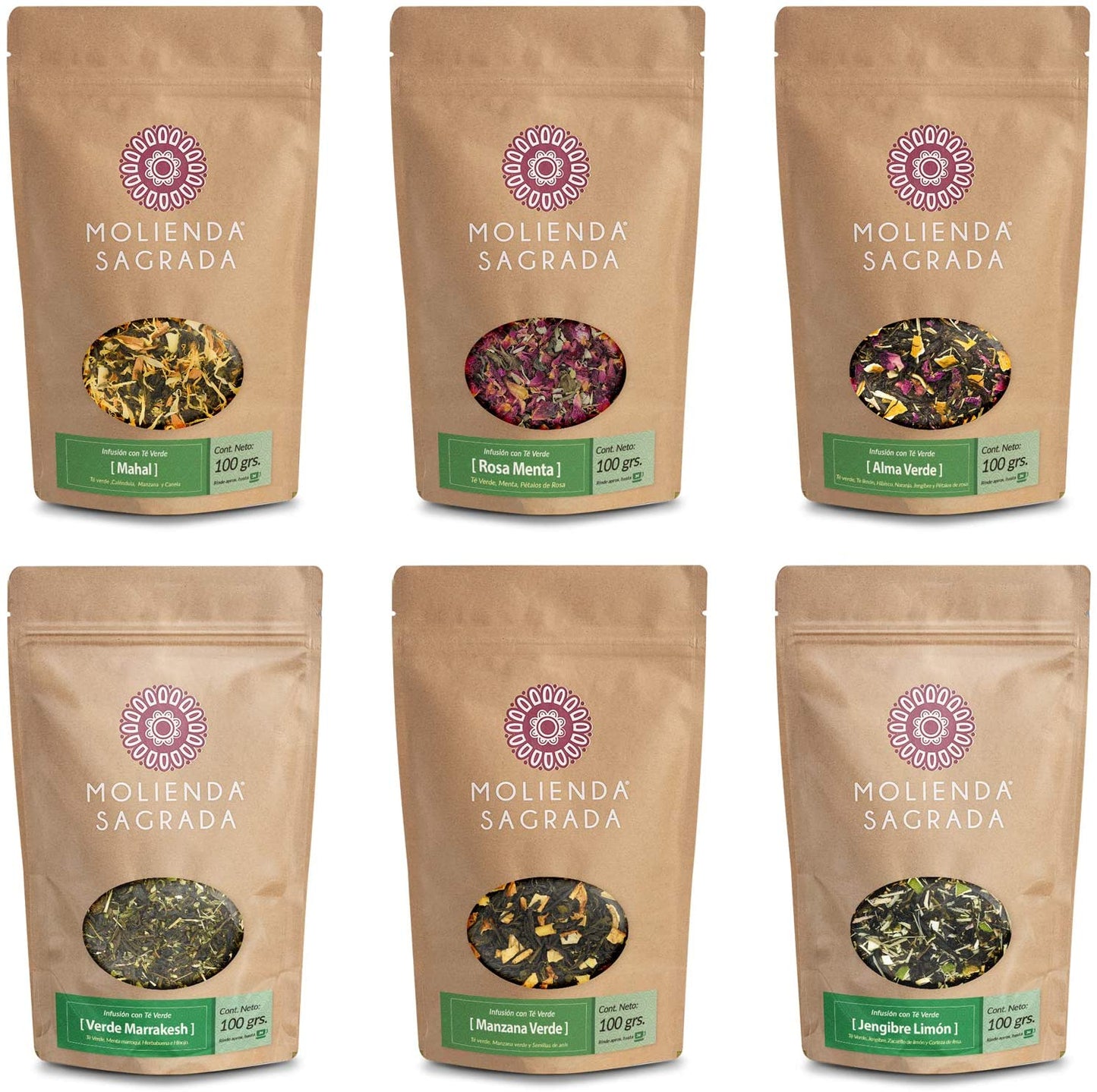 6 Pack Selección Blends con Té Verde 600 gr más Tetera Infusora