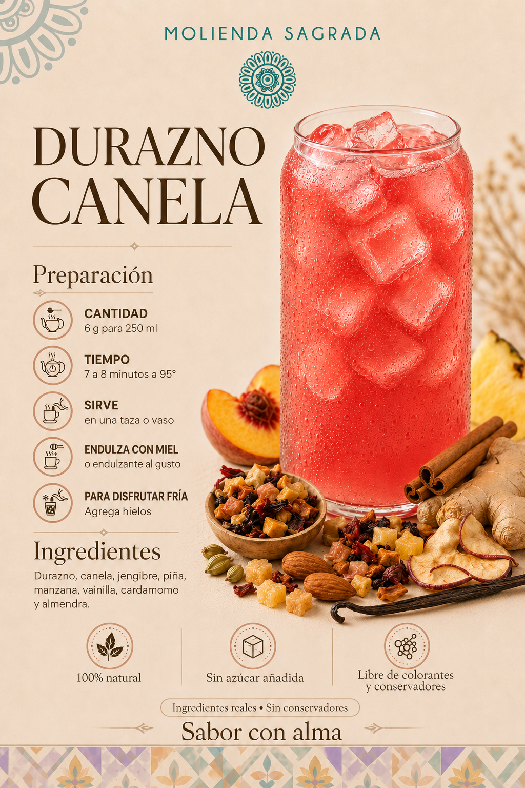 Tisana frutal Durazno Canela sin cafeína Molienda Sagrada