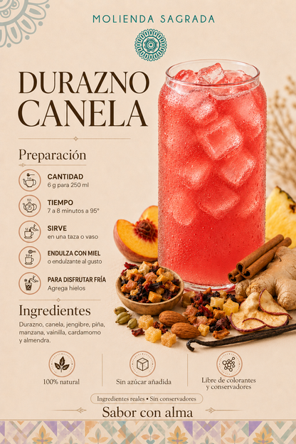 Tisana frutal Durazno Canela sin cafeína Molienda Sagrada