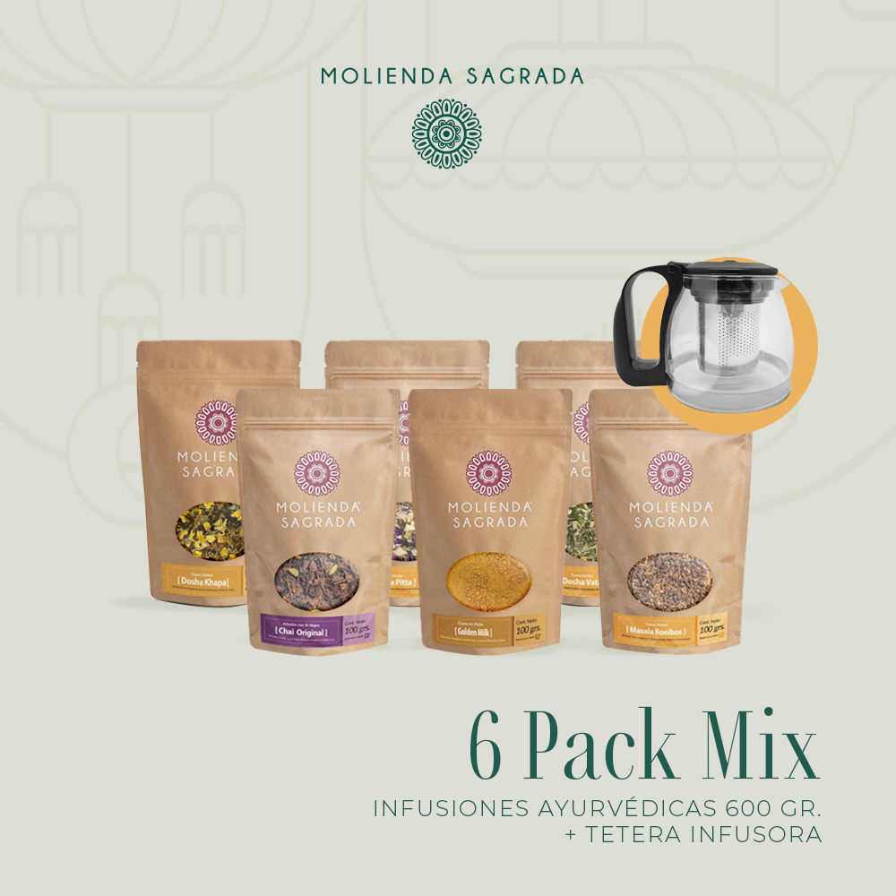 6 Pack Mix Infusiones Ayurvédicas 600 gr. más Tetera Infusora